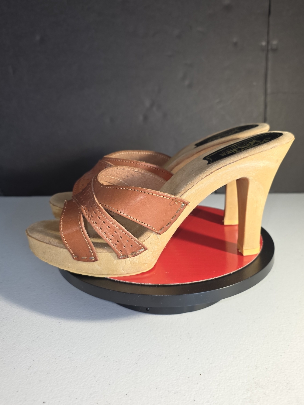 Leather Platform Mule Heels in Brown